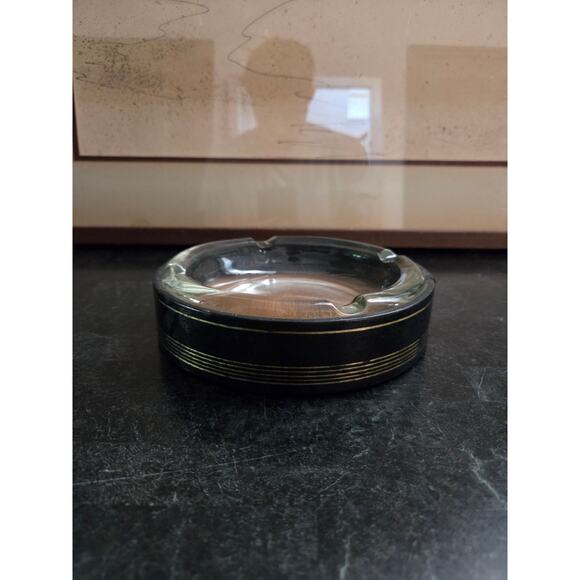 Vintage 6.25" Glass & Black Leather Wrapped Ashtray Gold Stripe Mid Century - Picture 1 of 6